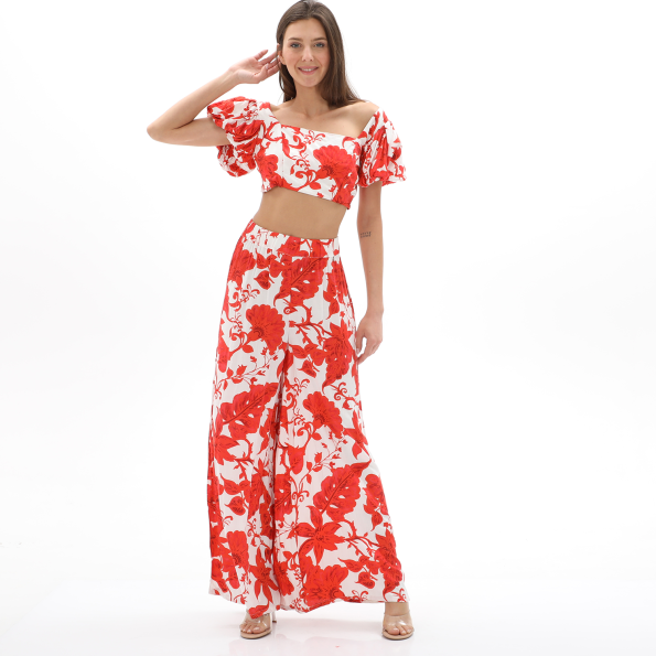 Γυναικεία παντελόνα ALE 8916478 λευκή πορτοκαλί floral Γυναικεία