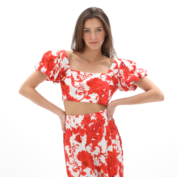Γυναικείο cropped top ALE 8916479 λευκό πορτοκαλί floral