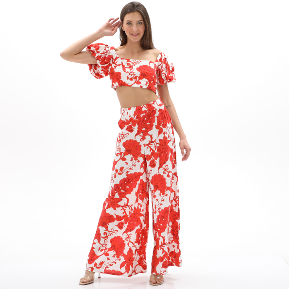 Γυναικείο cropped top ALE 8916479 λευκό πορτοκαλί floral Γυναικεία