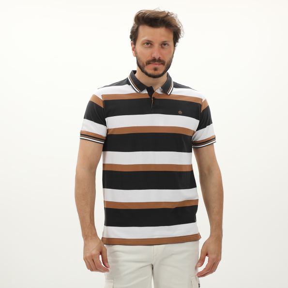 Ανδρική polo μπλούζα DORS 1132009.C01 μαύρη λευκή καφέ ριγέ