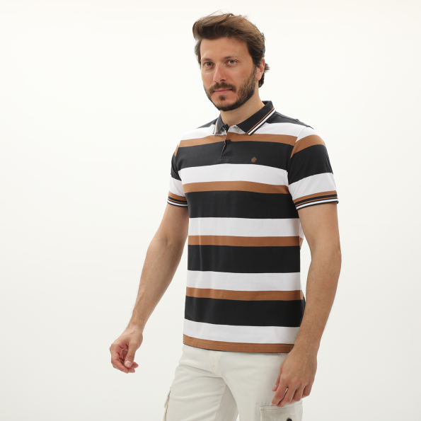 Ανδρική polo μπλούζα DORS 1132009.C01 μαύρη λευκή καφέ ριγέ Ανδρικά