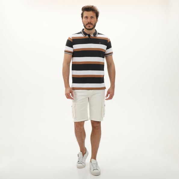 Ανδρική polo μπλούζα DORS 1132009.C01 μαύρη λευκή καφέ ριγέ Ανδρικά