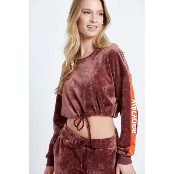 Γυναικεία cropped βελουτέ μπλούζα BODYTALK 1212-907420 καφέ