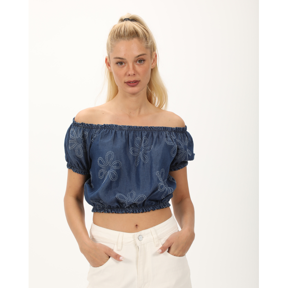 Γυναικείο off the shoulders cropped top ATTRATTIVO 9919938 μπλε
