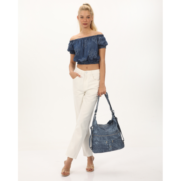 Γυναικείο off the shoulders cropped top ATTRATTIVO 9919938 μπλε