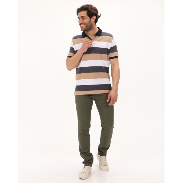 Ανδρική polo μπλούζα DORS 1134005.C01 ανθρακί μπεζ λευκή ριγέ