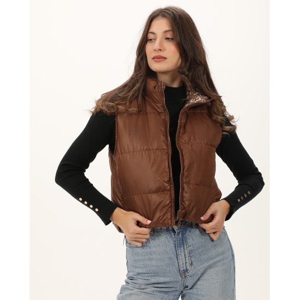 Γυναικείο αμάνικο μπουφάν διπλής όψεως ATTRATTIVO 9919321 καφέ