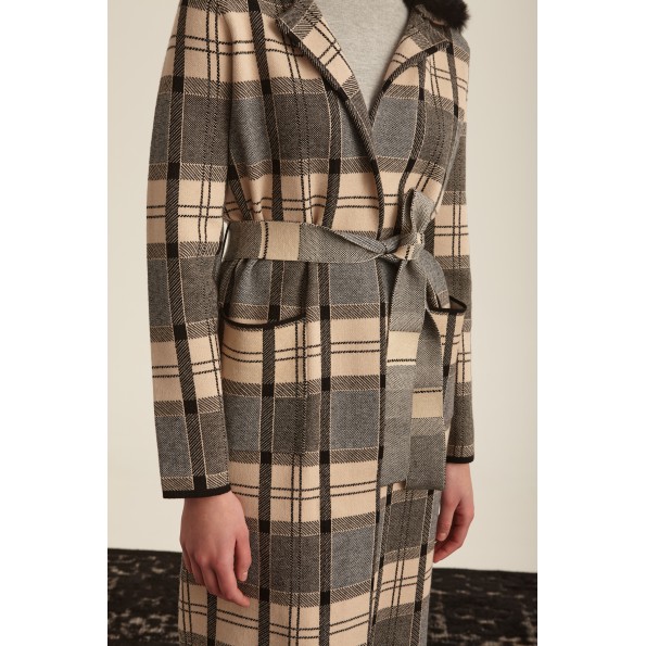 Γυναικείο πλεκτό παλτό MARINA V PARIS FW24-455 μαύρο καρό Γυναικεία