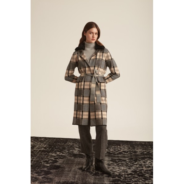 Γυναικείο πλεκτό παλτό MARINA V PARIS FW24-455 μαύρο καρό Γυναικεία