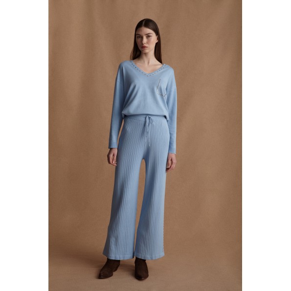Γυναικείο πλεκτό παντελόνι MARINA V PARIS FW24-625 γαλάζιο Γυναικείο πλεκτό παντελόνι MARINA V PARIS FW24-625 γαλάζιο