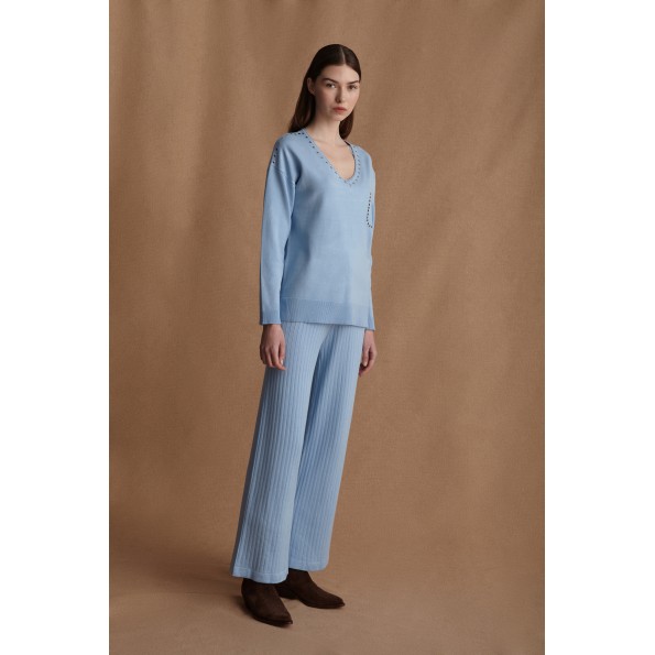 Γυναικείο πλεκτό παντελόνι MARINA V PARIS FW24-625 γαλάζιο Γυναικεία