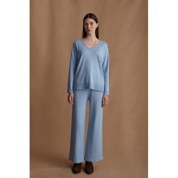 Γυναικείο πλεκτό παντελόνι MARINA V PARIS FW24-625 γαλάζιο Γυναικεία