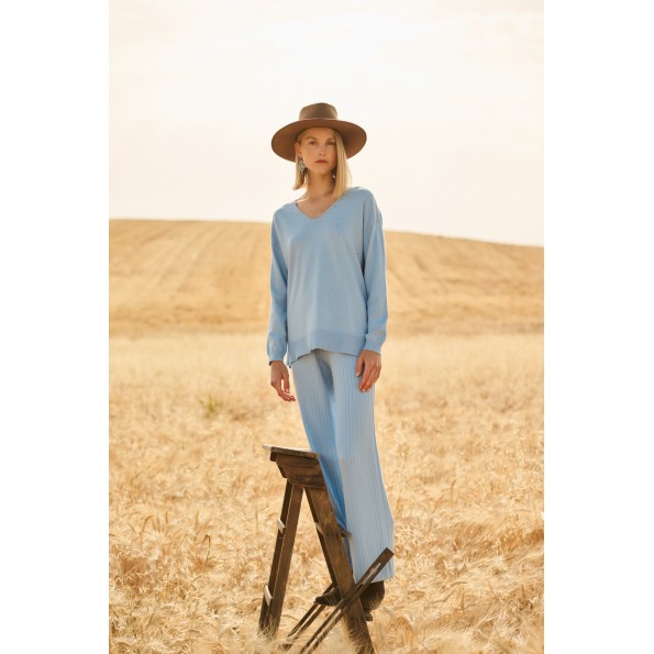 Γυναικείο πλεκτό παντελόνι MARINA V PARIS FW24-625 γαλάζιο Γυναικεία