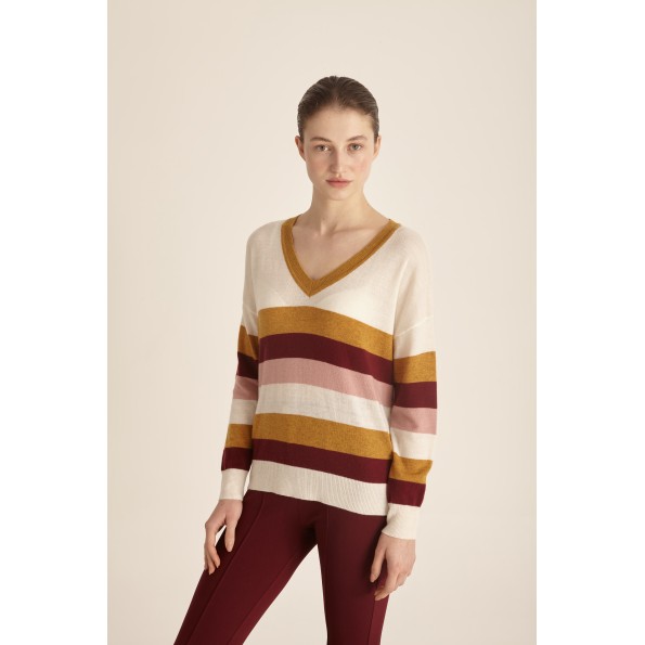 Γυναικεία πλεκτή μπλούζα MARINA V PARIS FW23-072 εκρού ριγέ Γυναικεία πλεκτή μπλούζα MARINA V PARIS FW23-072 εκρού ριγέ