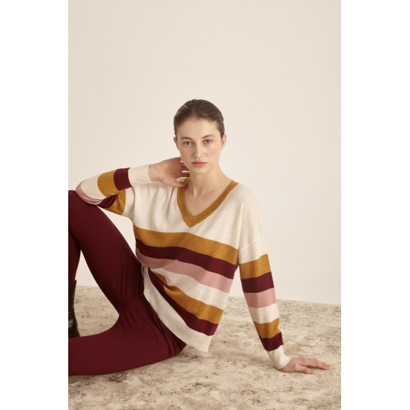 Γυναικεία πλεκτή μπλούζα MARINA V PARIS FW23-072 εκρού ριγέ Γυναικεία