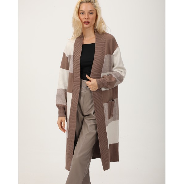 Γυναικεία μακριά πλεκτή ζακέτα ALE 8P22020 καφέ Γυναικεία