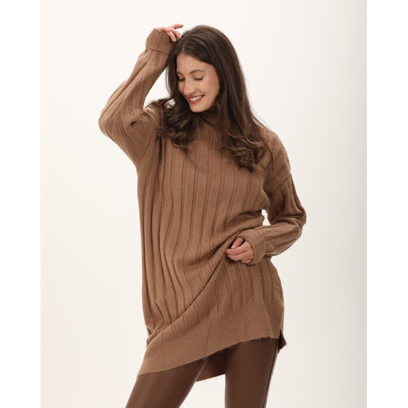 Γυναικεία μακριά πλεκτή μπλούζα ATTRATTIVO 9P21269 καφέ Γυναικεία