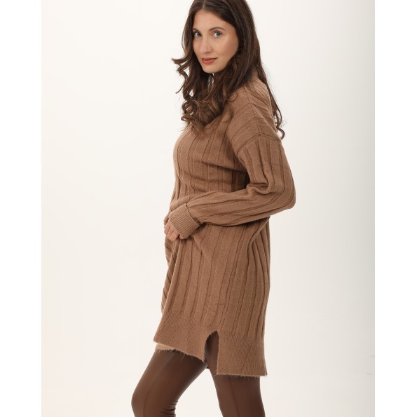 Γυναικεία μακριά πλεκτή μπλούζα ATTRATTIVO 9P21269 καφέ Γυναικεία