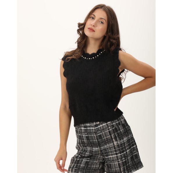 Γυναικεία αμάνικη πλεκτή μπλούζα ATTRATTIVO 9P22088 μαύρη