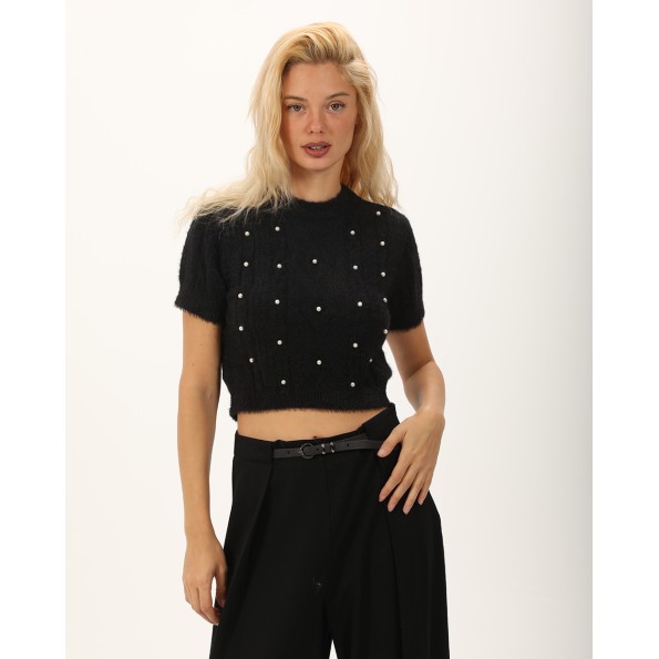 Γυναικεία cropped πλεκτή μπλούζα ATTRATTIVO 9P22127 μαύρη
