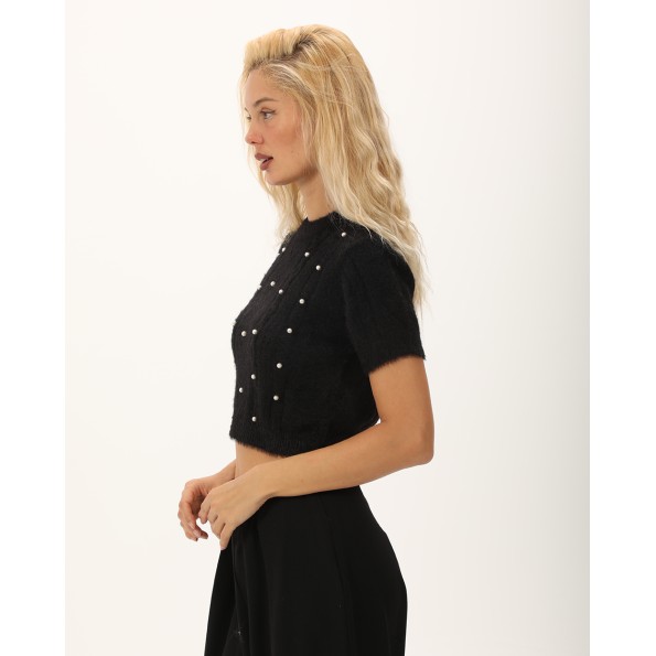 Γυναικεία cropped πλεκτή μπλούζα ATTRATTIVO 9P22127 μαύρη Γυναικεία