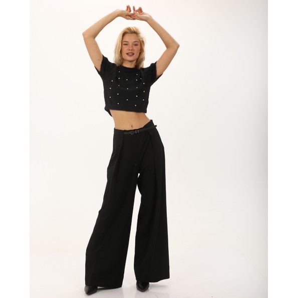 Γυναικεία cropped πλεκτή μπλούζα ATTRATTIVO 9P22127 μαύρη Γυναικεία