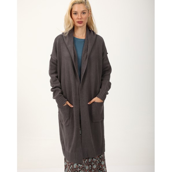 Γυναικεία μακριά πλεκτή ζακέτα ATTRATTIVO 9P22155 ανθρακί