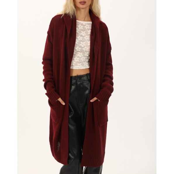 Γυναικεία μακριά πλεκτή ζακέτα ATTRATTIVO 9P22155 μπορντό