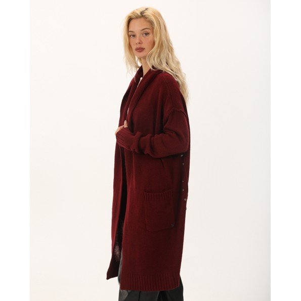Γυναικεία μακριά πλεκτή ζακέτα ATTRATTIVO 9P22155 μπορντό Γυναικεία