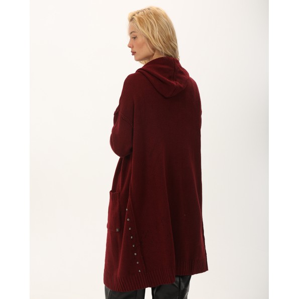 Γυναικεία μακριά πλεκτή ζακέτα ATTRATTIVO 9P22155 μπορντό Γυναικεία