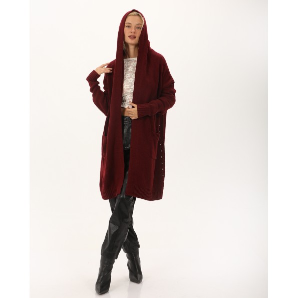 Γυναικεία μακριά πλεκτή ζακέτα ATTRATTIVO 9P22155 μπορντό Γυναικεία