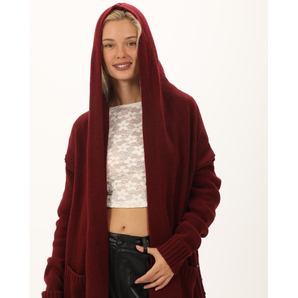 Γυναικεία μακριά πλεκτή ζακέτα ATTRATTIVO 9P22155 μπορντό Γυναικεία