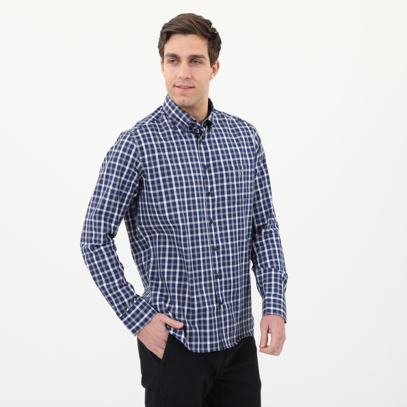 Ανδρικό πουκάμισο NAVY & GREEN COMFORT FIT μπλε λευκό καρό Ανδρικά