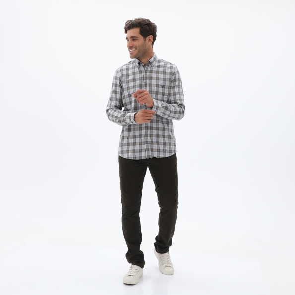 Ανδρικό oxford πουκάμισο NAVY & GREEN COMFORT FIT λευκό γκρι καρό Ανδρικά