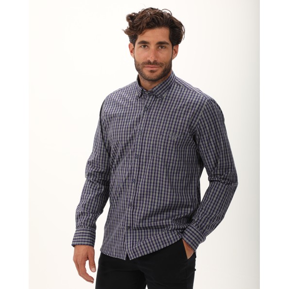 Ανδρικό πουκάμισο NAVY & GREEN COMFORT FIT μπλε γκρι καρό Ανδρικά