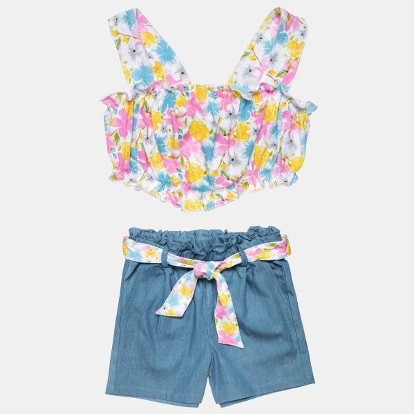 Παιδικό σετ από cropped top και τζιν σορτς ALOUETTE MOOVERS floral μπλε