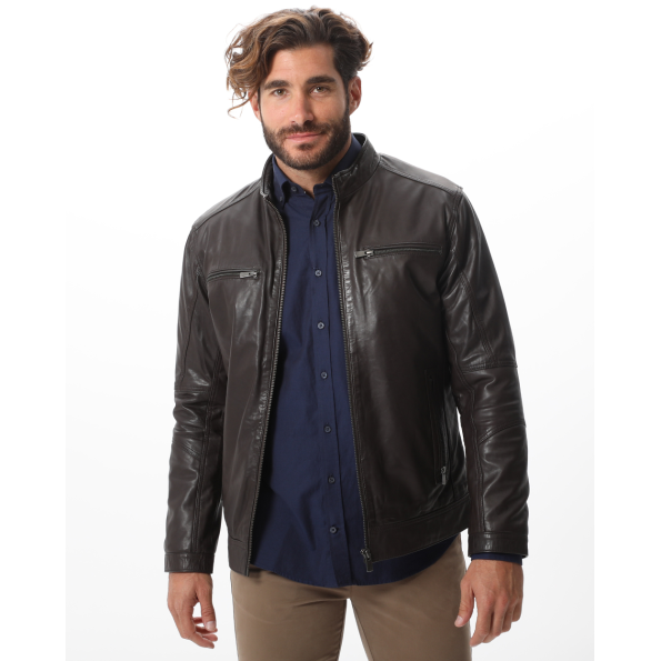 Ανδρικό δερμάτινο jacket NAVY & GREEN καφέ 