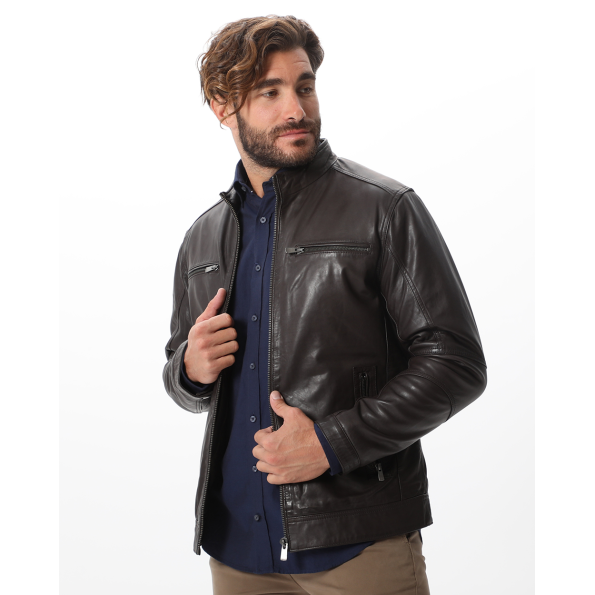 Ανδρικό δερμάτινο jacket NAVY & GREEN καφέ  Ανδρικά