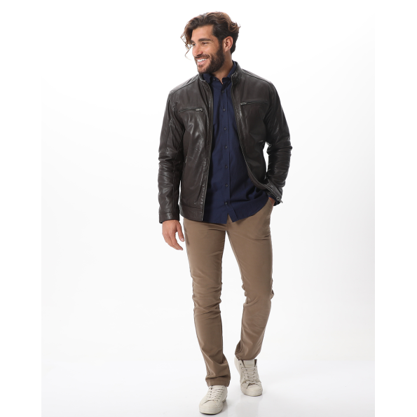 Ανδρικό δερμάτινο jacket NAVY & GREEN καφέ  Ανδρικά