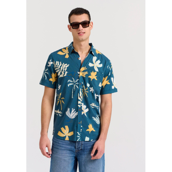 Ανδρικό πουκάμισο FUNKY BUDDHA FBM009-060-05 μπλε floral