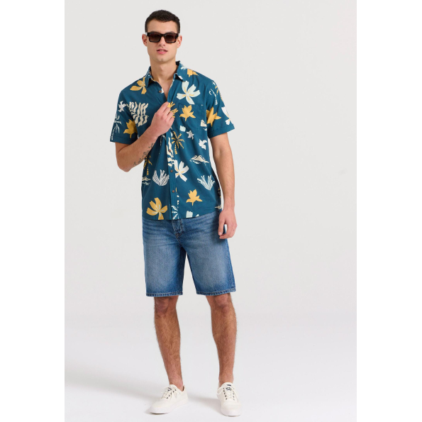 Ανδρικό πουκάμισο FUNKY BUDDHA FBM009-060-05 μπλε floral