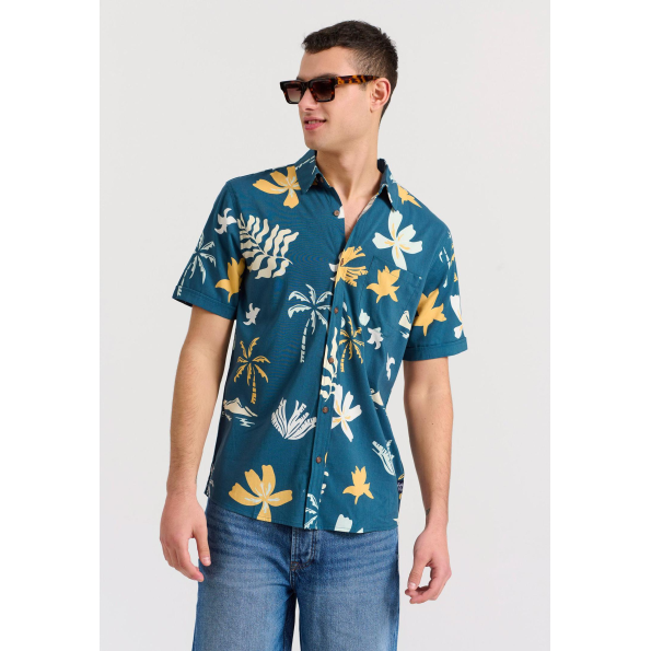 Ανδρικό πουκάμισο FUNKY BUDDHA FBM009-060-05 μπλε floral