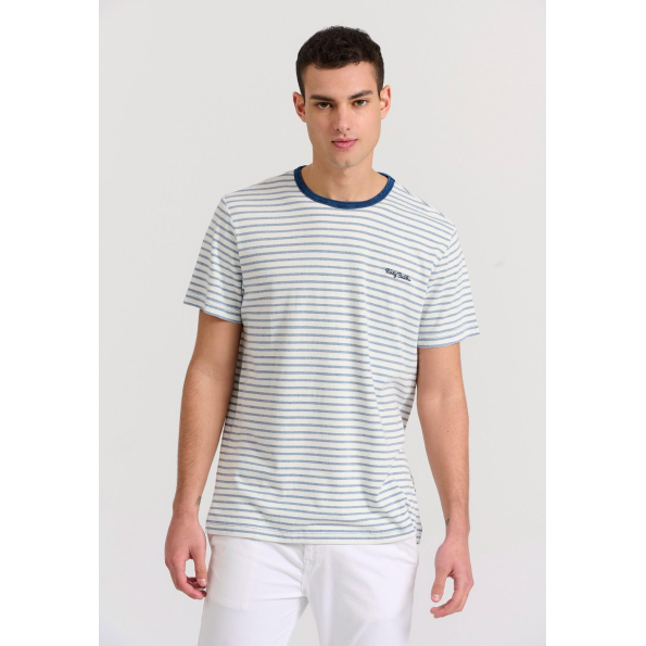 Ανδρική κοντομάνικη  μπλούζα FUNKY BUDDHA FBM009-313-04 λευκό ριγέ μπλε