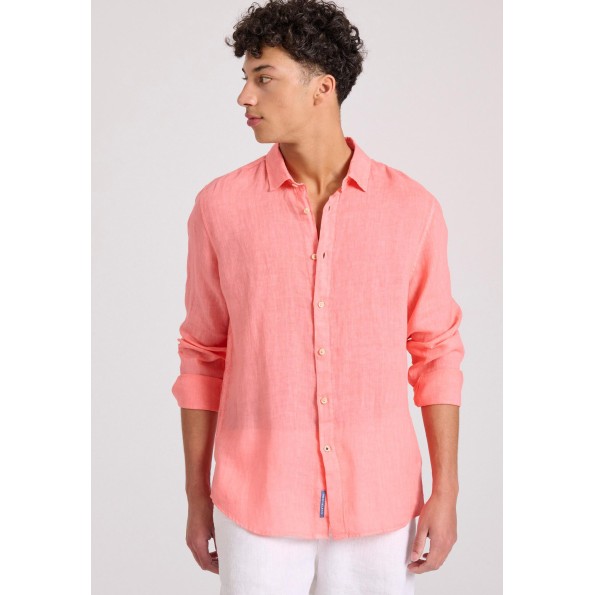 Ανδρικό garment dyed λινό πουκάμισο FUNKY BUDDHA The essentials ροδακινί