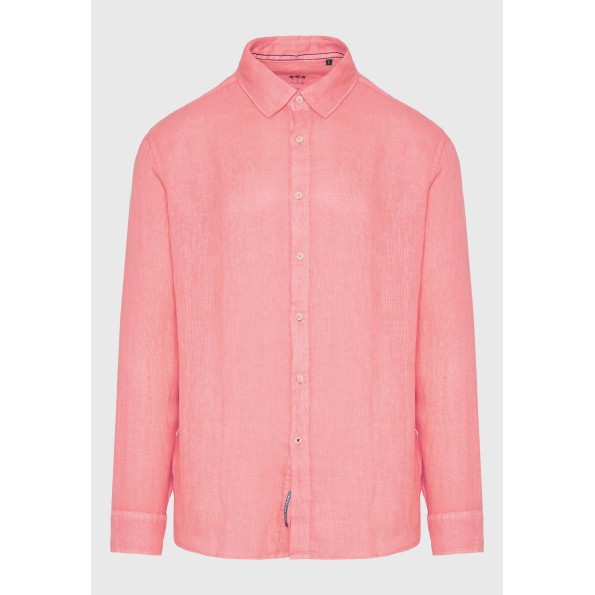 Ανδρικό garment dyed λινό πουκάμισο FUNKY BUDDHA The essentials ροδακινί Ανδρικά