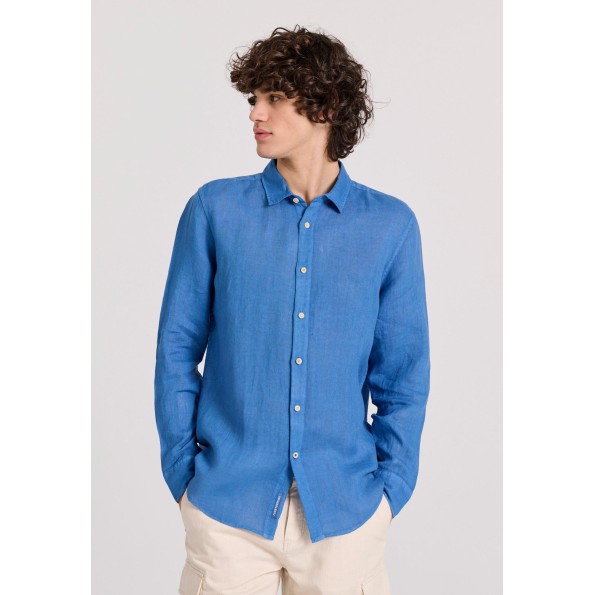 Ανδρικό garment dyed λινό πουκάμισο FUNKY BUDDHA The essentials μπλε
