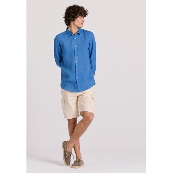 Ανδρικό garment dyed λινό πουκάμισο FUNKY BUDDHA The essentials μπλε Ανδρικά