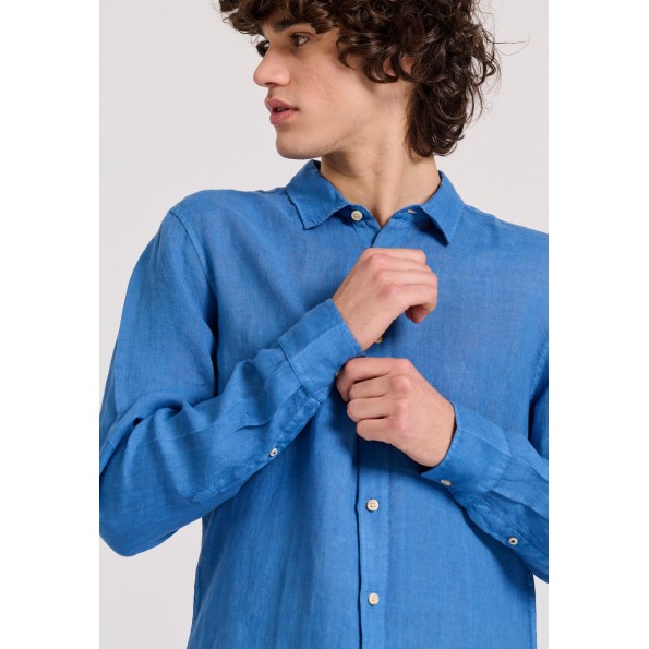 Ανδρικό garment dyed λινό πουκάμισο FUNKY BUDDHA The essentials μπλε Ανδρικά