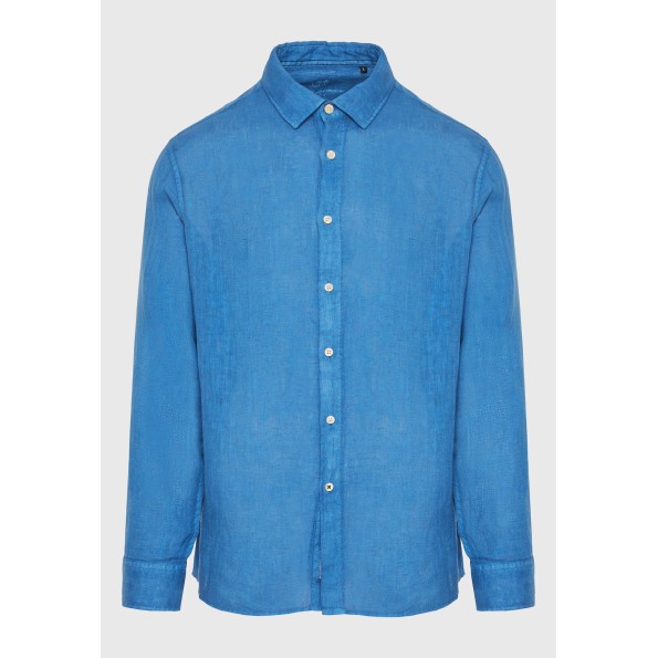 Ανδρικό garment dyed λινό πουκάμισο FUNKY BUDDHA The essentials μπλε Ανδρικά