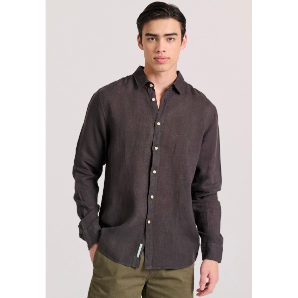 Ανδρικό garment dyed λινό πουκάμισο FUNKY BUDDHA The essentials μαύρο